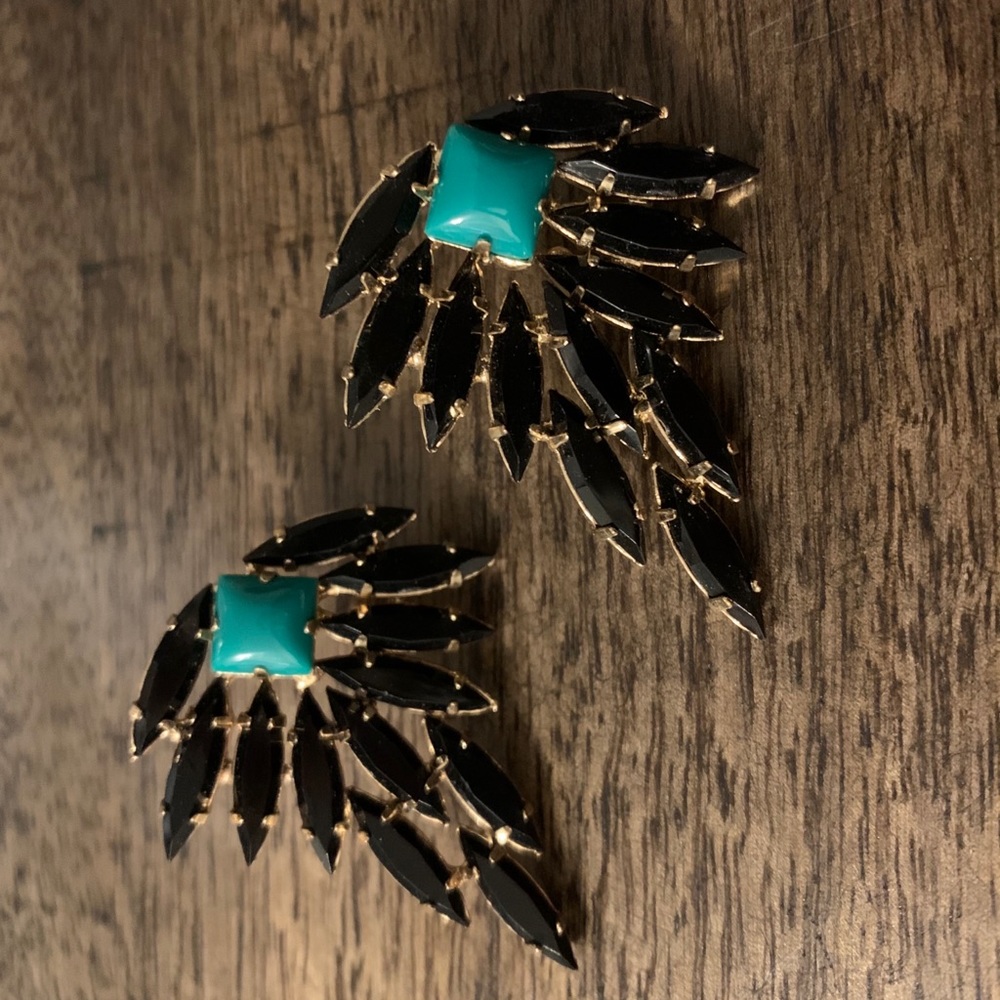 Black, Emerald/Turquoise + Gold Fan Stud Earrings